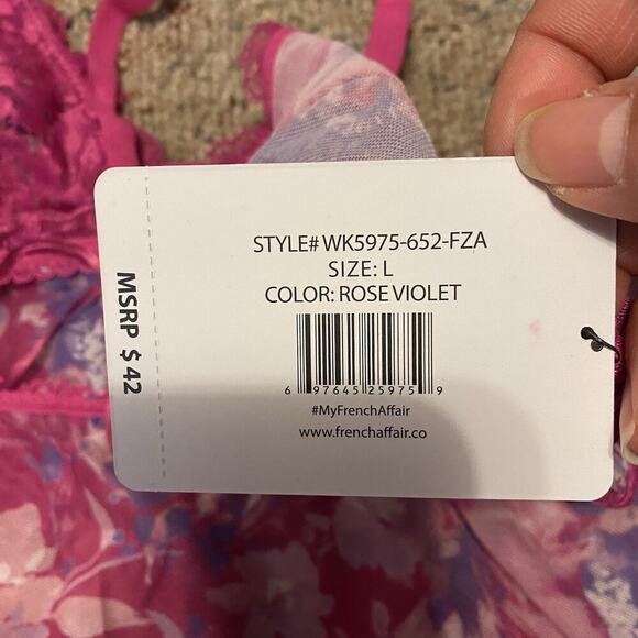 French Affair Purple Floral Babydoll Nightie & G-String Panty Lingerie Set Sz L - Picture 3 of 9